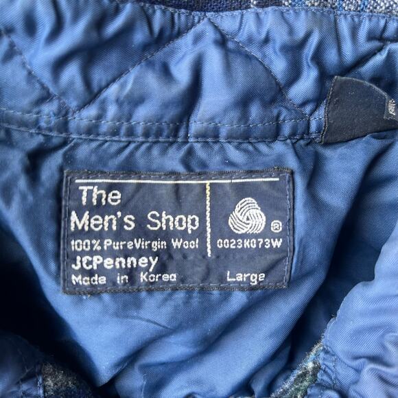 VINTAGE JCPENNEY BOARD SHIRT FLANNEL WOOL PATCHES LARGE BLUE - Picture 4 of 5